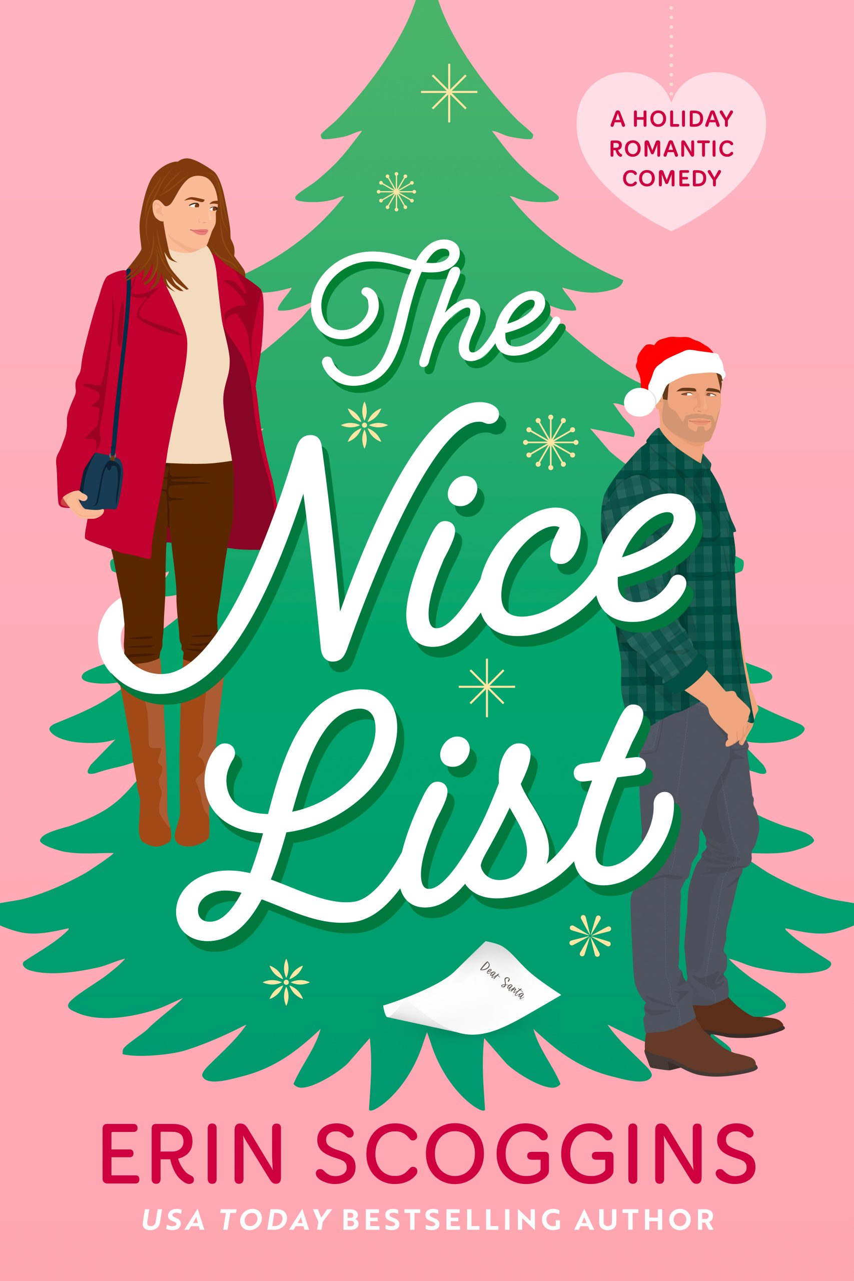 Ebook cover for The Nice List by Erin Scoggins, featuring a green Christmas tree on a pink background
